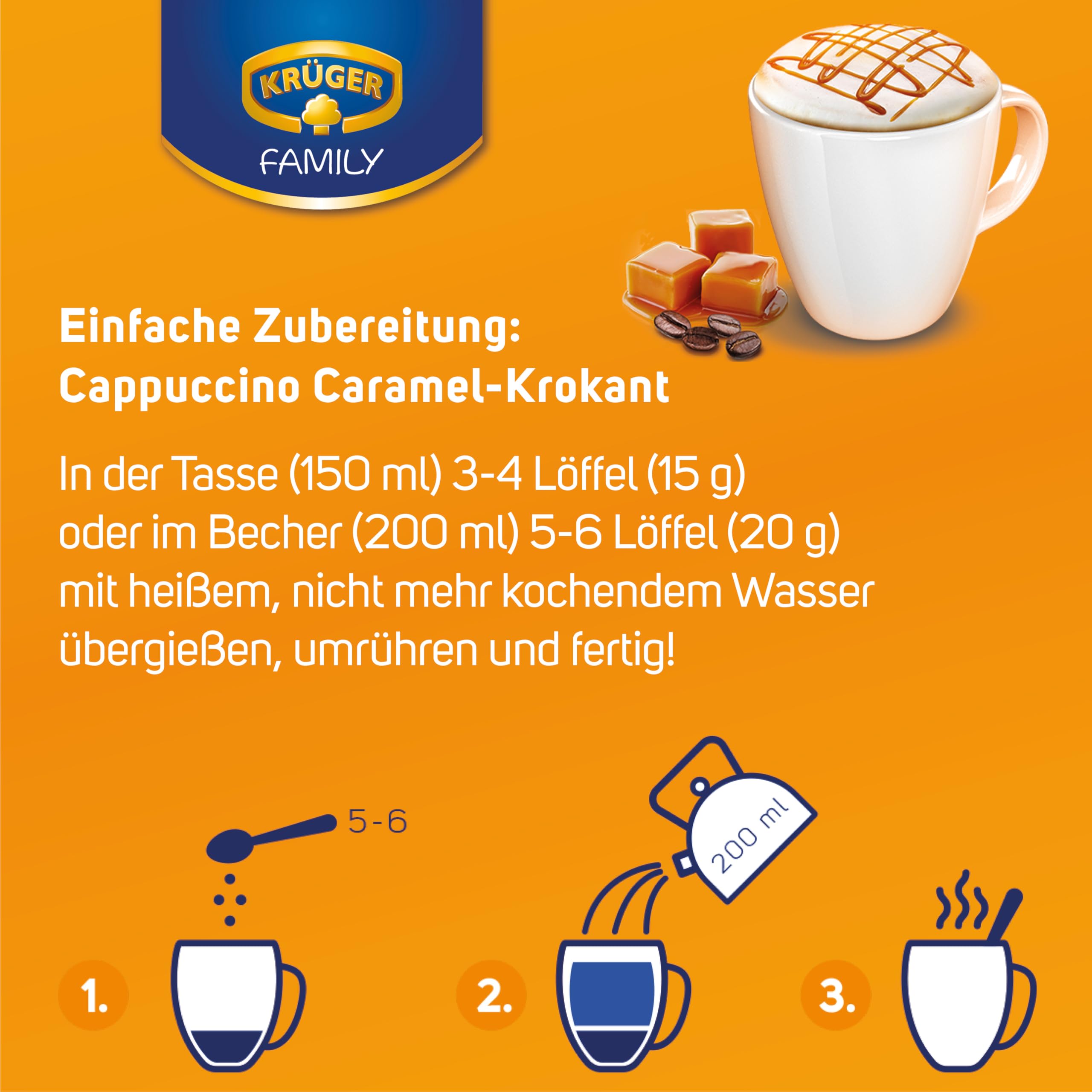 KRÜGER Family Cappuccino Caramel-Krokant, aromatisiertes Getränkepulver mit löslichem Bohnenkaffee, koffeinhaltig, 500 g Beutel 3