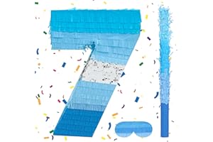 Birchio Number 7 Pinata Bundle with a Blindfold and Bat(16.2 x 11.1 x 4 Inches), Perfect for Boys and Girls Birthday Party Supplies, Blue Theme Birthday Decoration