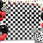 Vagilelf 3 Pack Black and White Checkered Backdrop, Race Car Birthday Party Decorations with Metallic Fringe, Speedway Photo Booth & Entrance Decor