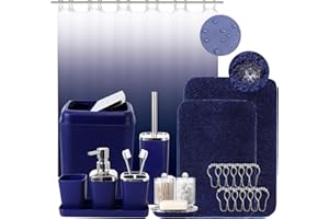 XLHOMO 24PC Navy Blue Bathroom Set with Shower Curtain and Rugs, Blue Bathroom Sets Complete with Trash Can,Soap Dispenser,Soap Dish,Toilet Brush,Toothbrush Holder and Cup,Tray,Q-Tip Holders