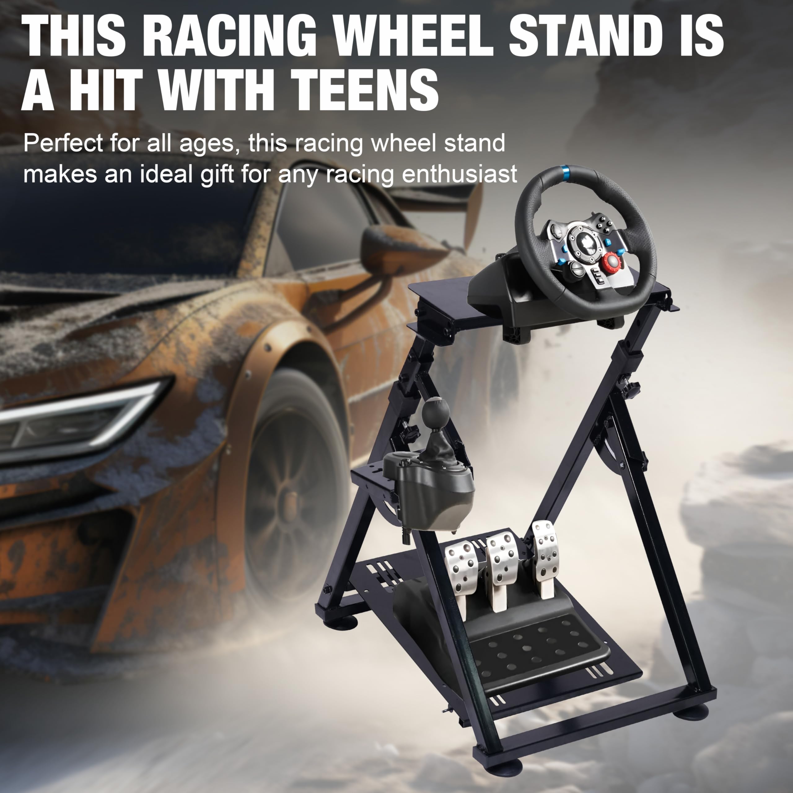 PLLOVOR racing wheel stand Foldable with Triangular Base, Adjustable Height and Angle, Handbrake Compatible for Logitech G27 G29 G920 G923, Thrustmaster T300 T248, Fanatec Racing Simulator Cockpit