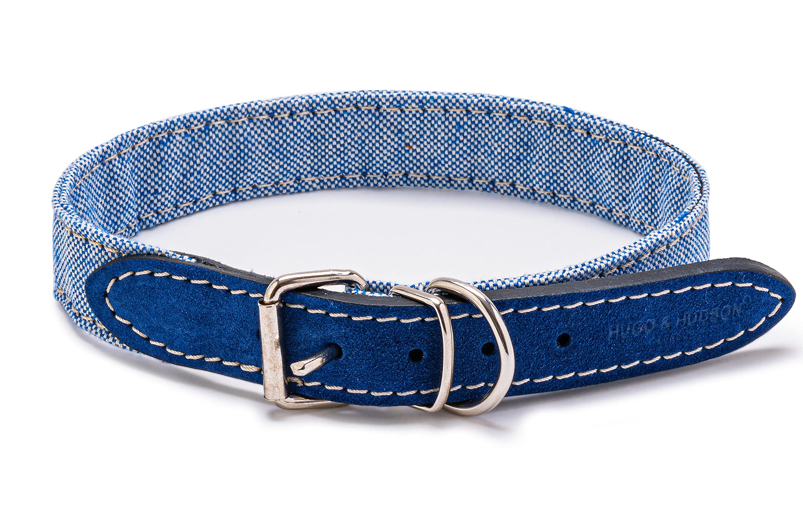 HUGO & HUDSON Luxury Dog Collar Fabric & Suede Leather with Adjustable Metal Buckle, Blue 50cm