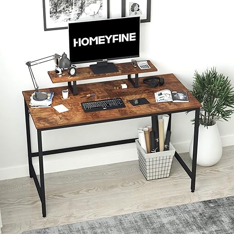 Amazon Com Homeyfine Computer Desk Laptop Table With Storage For Controller 47 Inches Wood And Metal Study Table For Home Office Vintage Oak Finish Kitchen Dining