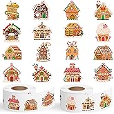 Haooryx Gingerbread House Sticker Rolls - 1000Pcs Christmas Theme Gingerbread House Stickers with 16 Sweet Designs, Fade-resistant Waterproof Gossy Decors for Festival Gift Party Supplies Water Bottle
