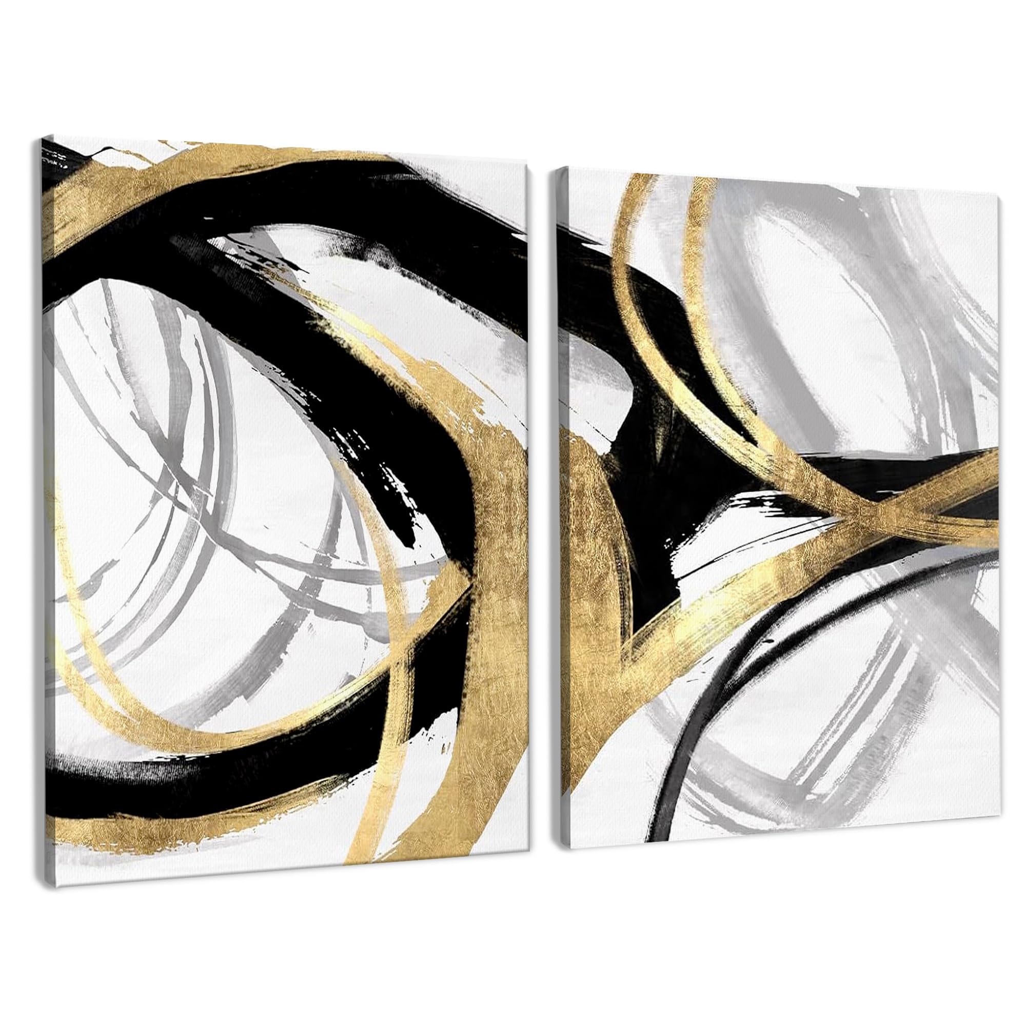 Photo 1 of BearCake Abstract Black and Gold Wall Art Set of 2 11x14 Inches Framed- Modern Black Gold and White Wall Decor Poster for Bedroom Living Room, Oil Painting Abstract Pictures for Home Office Decor