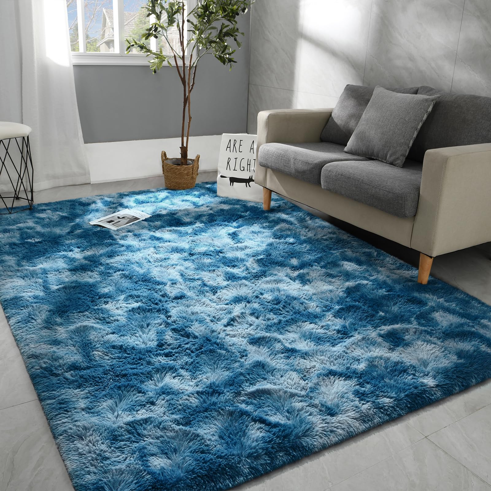 Photo 1 of ***FACTORY SEALED***Hutha 9x12 Large Area Rugs for Living Room, Super Soft Fluffy Modern Bedroom Rug, Tie-Dyed Dark Blue Indoor Shag Fuzzy Carpets for Girls Kids Nursery Room Home Decor