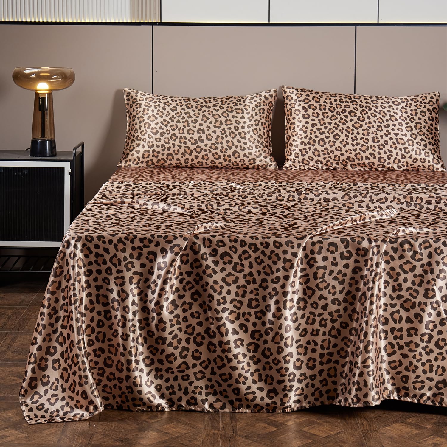Photo 1 of AiMay 4 Piece King Size Satin Bed Sheet Set Deep Pocket Golden Leopard Pattern Luxury Silky Super Soft 1 Flat Sheet 1 Fitted Sheet 2 Envelope Pillowcases Wrinkle Free (Golden Leopard, King)