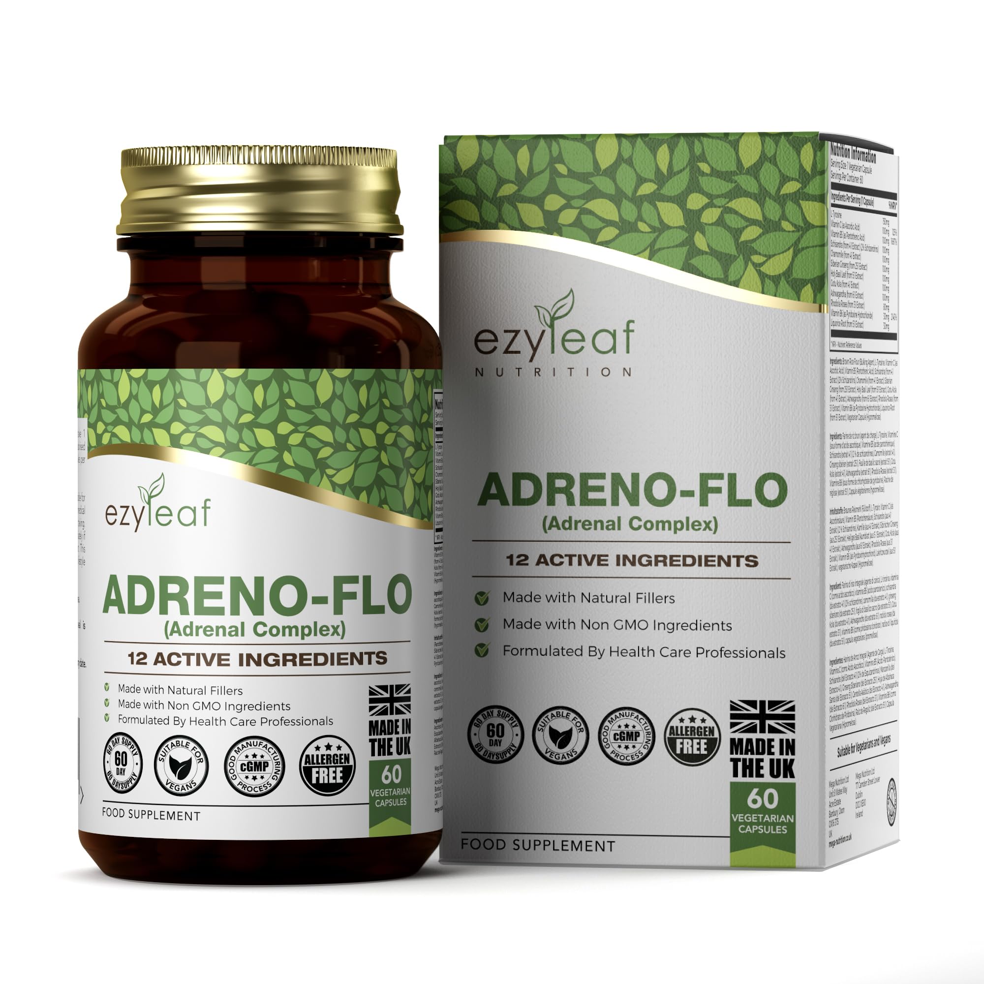 Ezyleaf Adreno-Flo | Ashwagandha Rhodiola Rosea Vitamin C | L Tyrosine Gotu Kola Liquorice Root Pantothenic Acid Ginseng Schisandra | 60 Vegan Capsules | Allergen Free, Non-GMO & UK ISO Certified