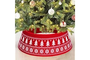 Knit Christmas Tree Collar for 5-9 FT Trees, Adjustable 23-30 Inch Tree Skirt with Snowflake & Christmas Tree Pattern, Decora