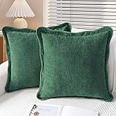 CaliTime Throw Pillow Covers Decorative 18 X 18 Inches Pack of 2 Cozy Chenille Scalloped Wavy Edge Cushion Cases for Couch Sofa Bed Living Room Farmhouse Dark Green