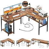 Unikito L Shaped Computer Desk with Magic Power Outlets and USB Charging Port, Sturdy Reversible Corner Desk with Storage Shelves, Modern Work Desk for Home Office, Easy to Assemble, Rustic Brown