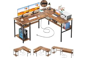 Unikito L Shaped Computer Desk with Magic Power Outlets and USB Charging Port, Sturdy Reversible Corner Desk with Storage Shelves, Modern Work Desk for Home Office, Easy to Assemble, Rustic Brown