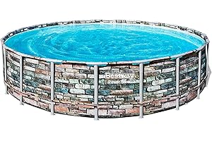 Bestway 56881E 20-Ft Diameter Power Steel Frame Round Above Ground Backyard Swimming Pool Set with Filter Pump, Ladder, and Cover, Stone Pattern Print