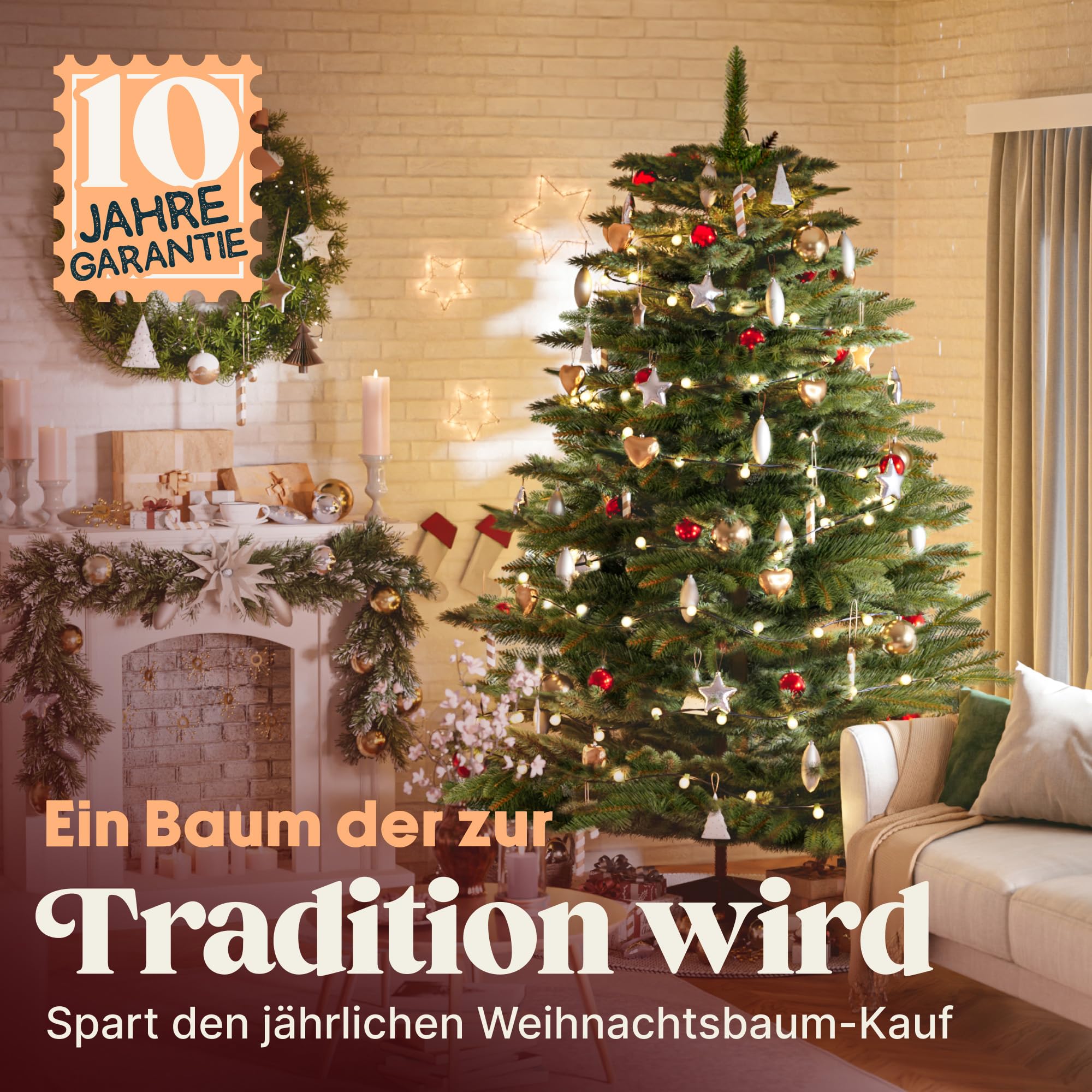 Premium Weihnachtsbaum künstlich 180cm - TESTSIEGER 10 Jahre GARANTIE - Naturgetreu, dichte Zweige, Künstlicher Weihnachtsbaum mit Holzständer, Christmas Tree Tannenbaum künstlich 180 cm Pure Living
