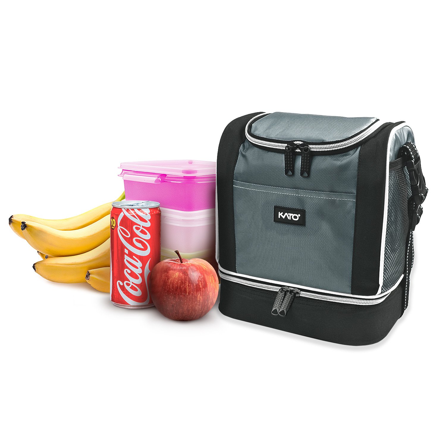 Kato Insulated Lunch Bag, Dual Compartment Portable Bento Cooler Totes for Men and Women, Gray