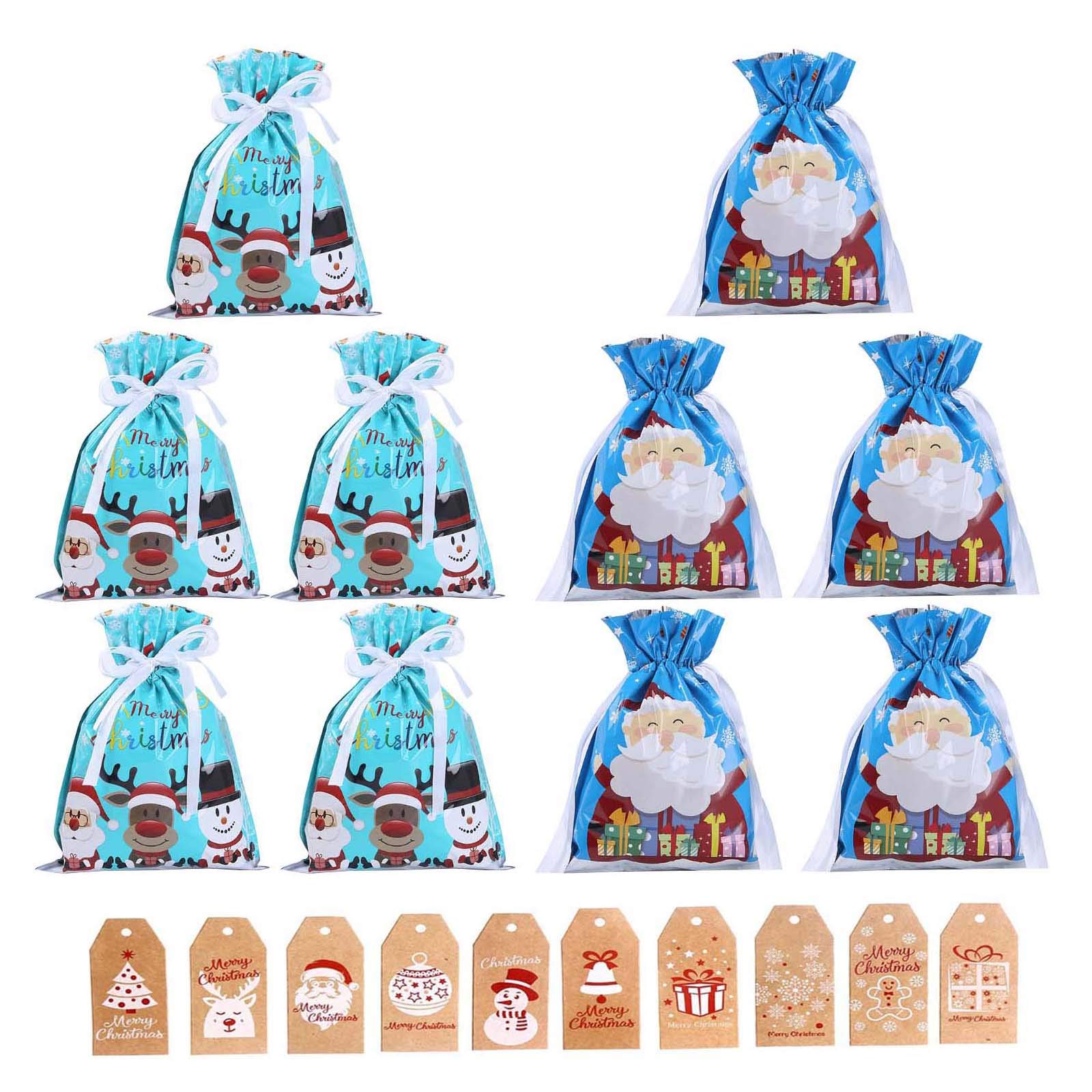 Christmas Wrapping Drawstring Gift Bags,10PCS Xmas Wrapping Bags Small (12.6inX9.4in),Christmas Foil Drawstring Presents Bags