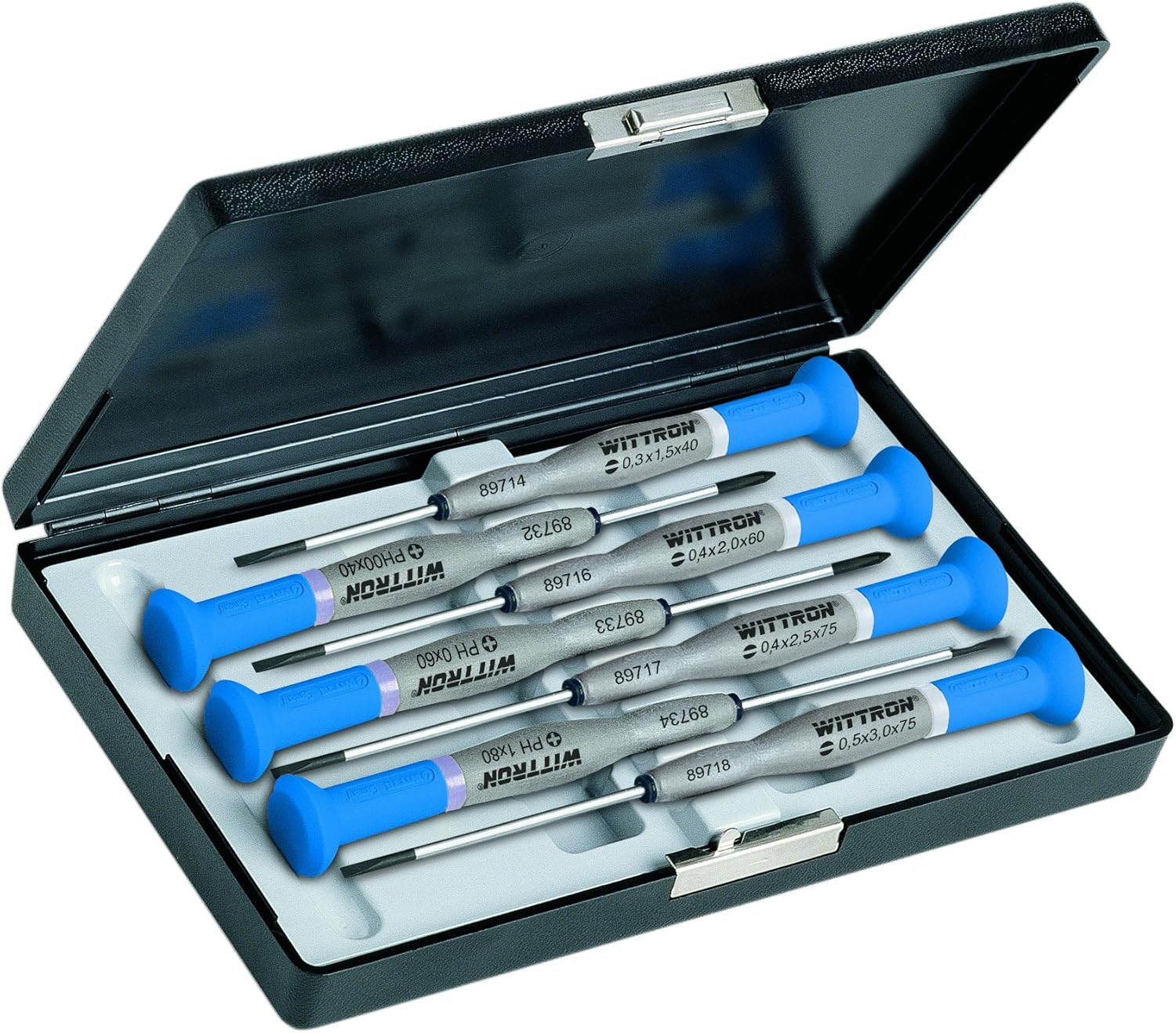 WITTE 89322 - Juego de 7 destornilladores de precisión WITTRON en estuche de plástico antichoque (PL/PH), Mehrfarbig