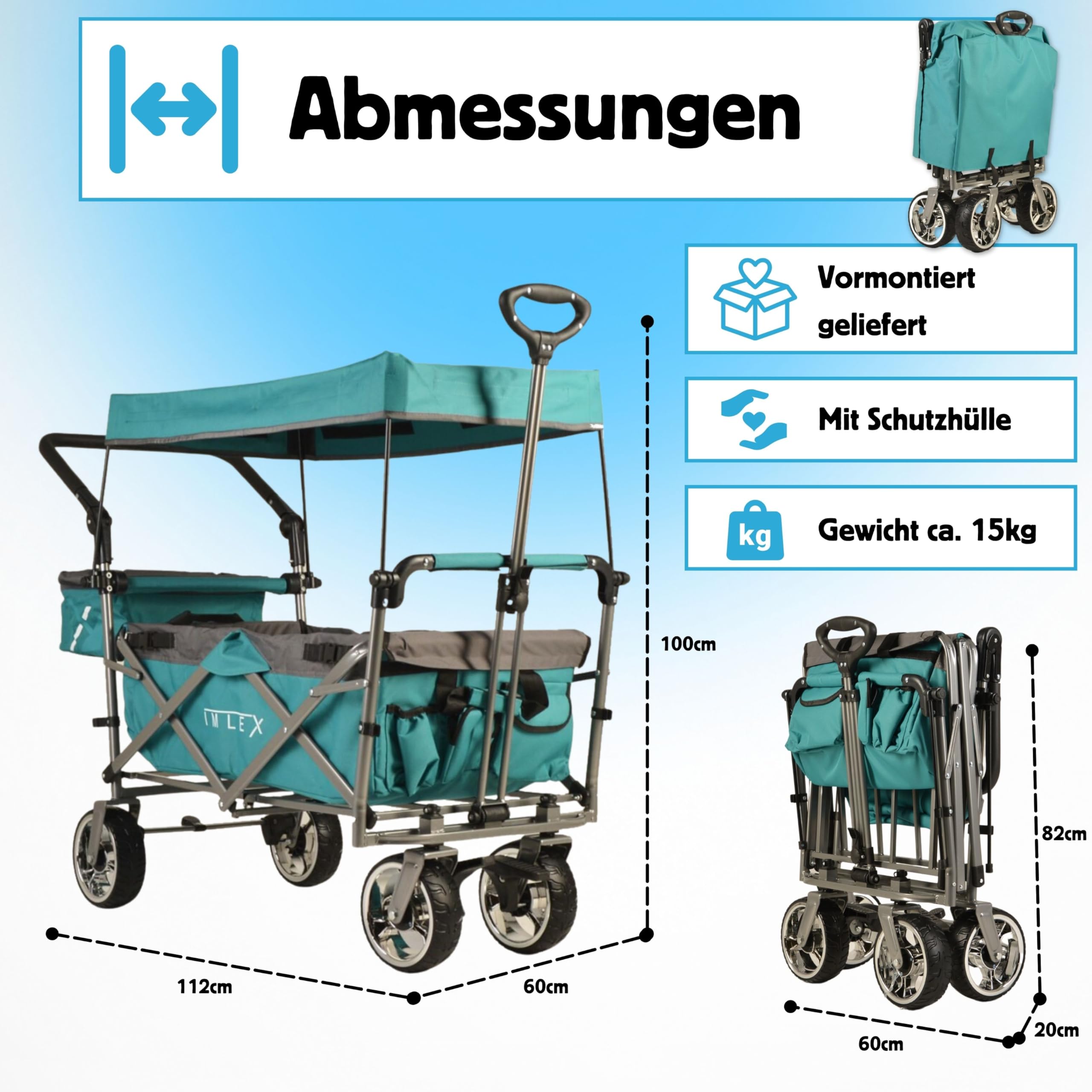 IMLEX Bollerwagen faltbar XXL mit Dach – Handwagen für 2 Kinder bis 80 kg – Schiebegriff & Zugstange – Geländereifen – kompakt klappbar für Strand, Camping, Garten, Zoo & Freizeit IM-4268 Türkis 2
