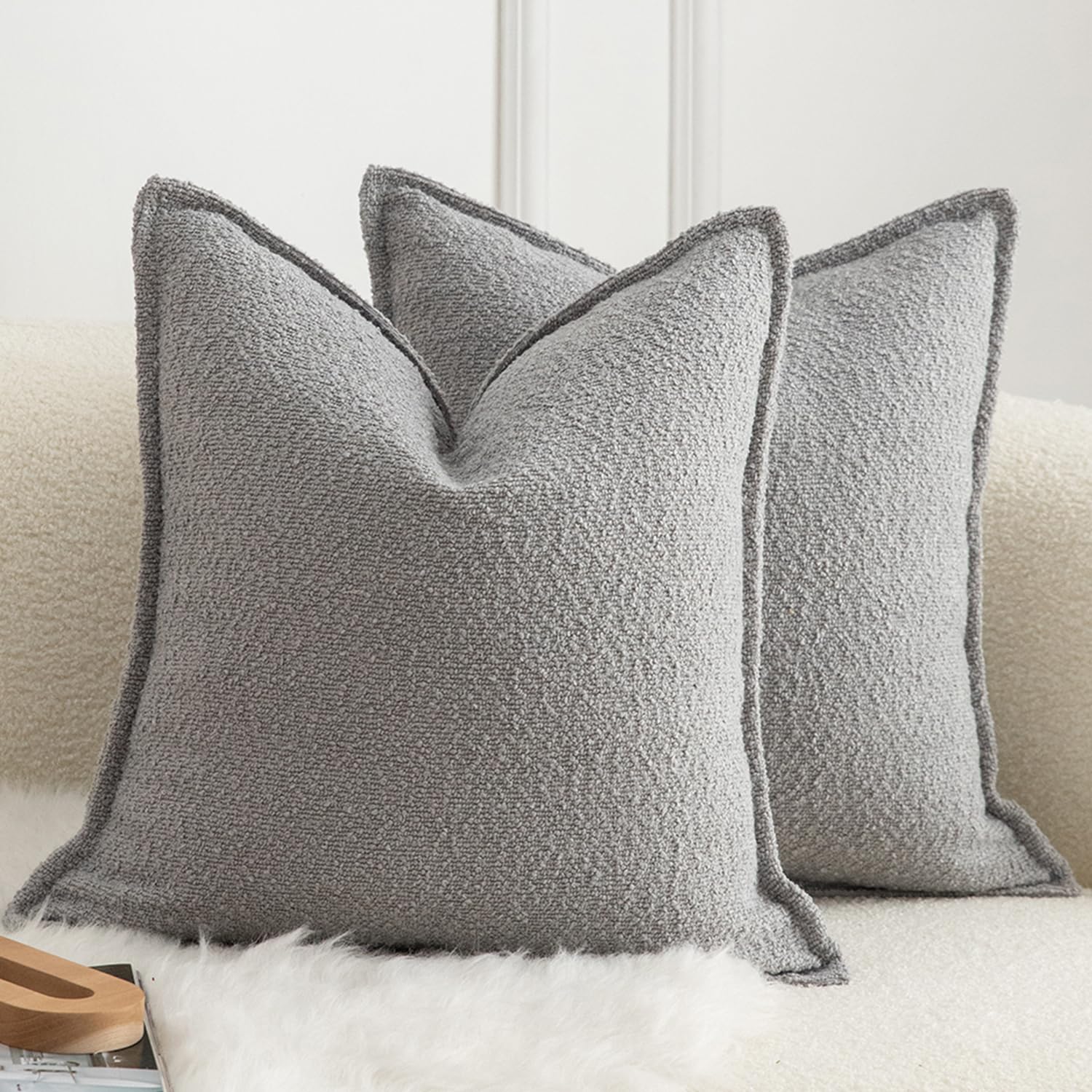 Mandioo Pack of 2 Cushion Covers 50cm x 50cm Decorative Accent Solid Woven Textured Throw Pillow Covers cases Bedroom Living Room Couch Sofa Home 20 x 20 Inch light gray