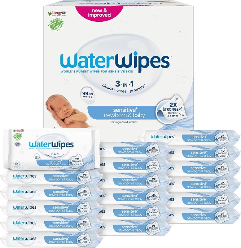 Waterwipes - lenços umedecidos originais sem plástico, contagem 1080 (18 pacotes), formulados com 99,9% de água e sem perfume, ideais para peles sensíveis