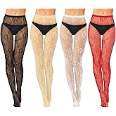 Jiuguva 4 Pack Women Lace Tights Patterned Fishnet Stockings Floral Pantyhose Stockings Red White Black Tights for Women