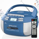 Greadio Boombox CD and Cassette Player Combo, CD Player with Bluetooth | Boom Box Portable CD Players for Home, Support AM FM Radio/ Remote Control/ AUX/USB/Earphone, AC/Battery Operated, Gift (Blue