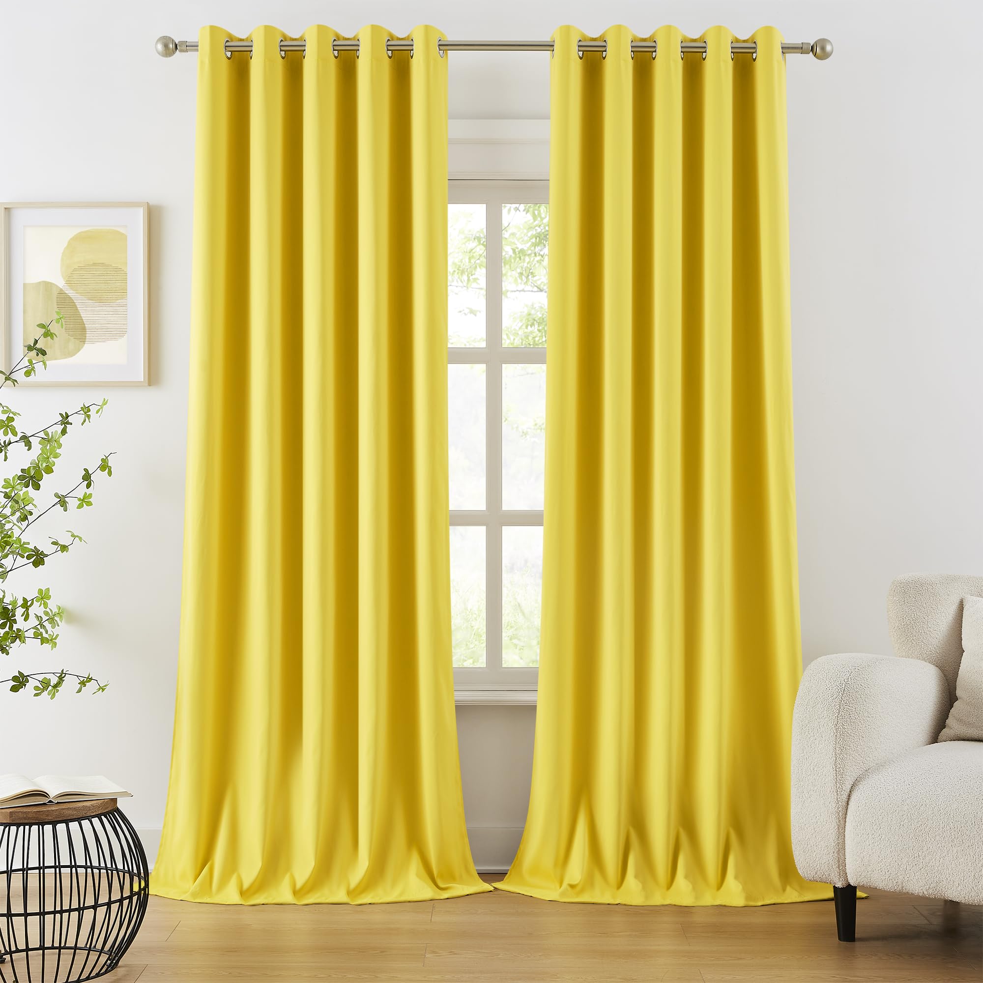 DUALIFE 120 Inch Length Extra Long Yellow Illuminating Blackout Curtain Panels/Drapes for Living Room Solid Room Darkening Bedroom Curtains Thermal Insulated Grommet Top 60x120 Image
