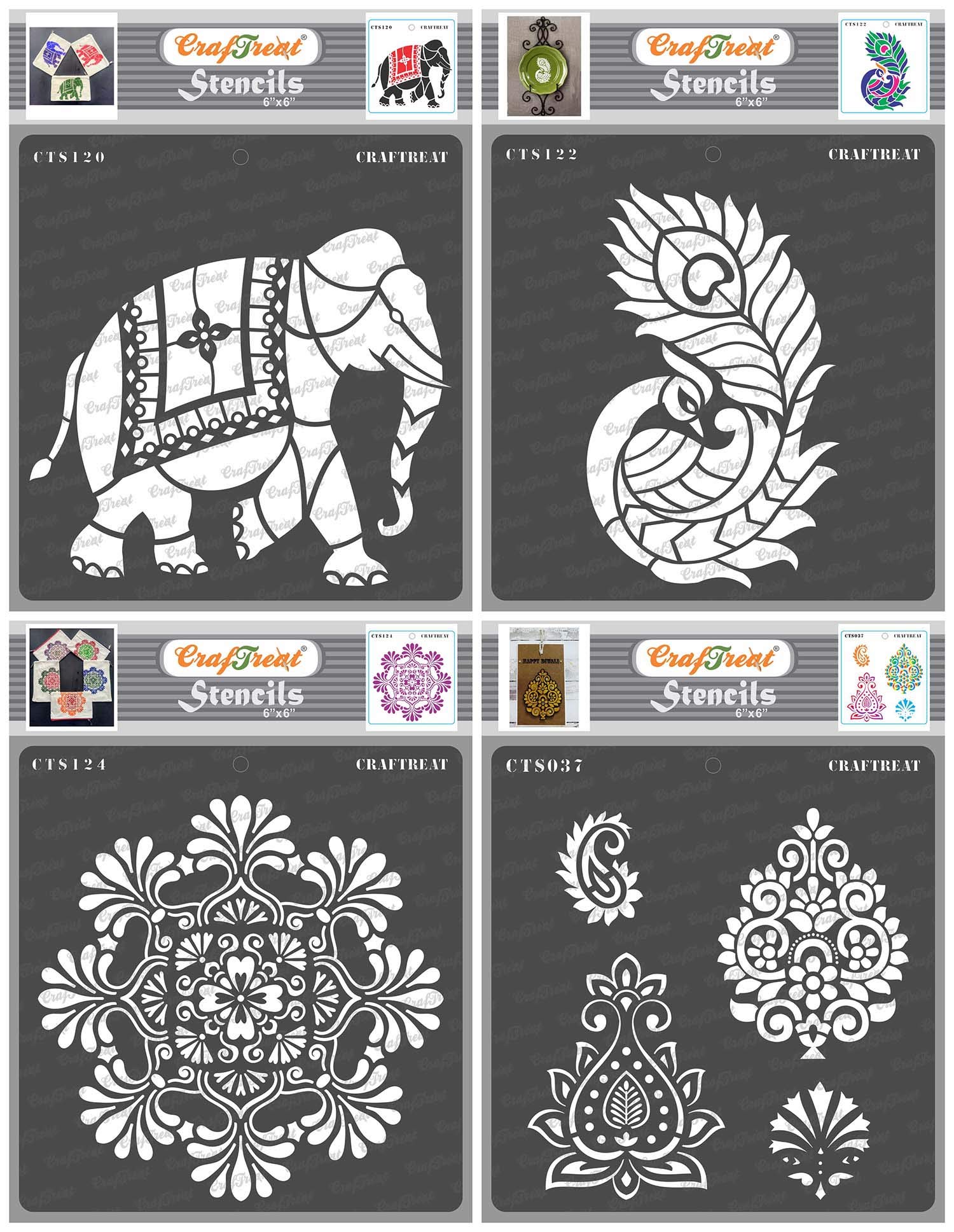CrafTreat Reusable Stencil - Indian Elephant, Mandala2, Side Feathered Peacock & Indian Motifs (4 pcs) | Painting Template for Home Decor, Crafting, DIY Albums and Printing on Paper, Wall, Wood 6"X6"