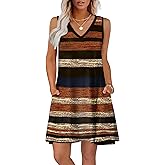 WIHOLL Boho Dresses for Women 2025 Summer Dresses Loose V Neck Swing T Shirt Dress Sundresses with Pockets Floral Striped S