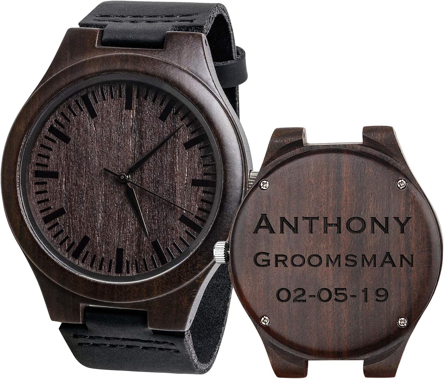 Custom Engraved Mens Vintage Analog Quartz Wooden Wrist Watches Handmade Casual Men Husband Watch with Cowhide Leather Strap Personalized Watch for Dad Christmas Birthday Presents from Daughter