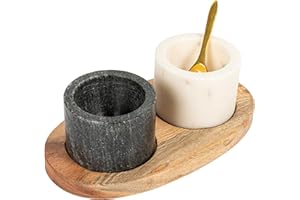 Creative Co-Op 2 Marble Bowls on Mango Wood Base with Salt Spoon