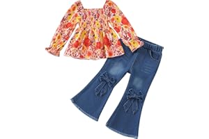 SODLON Toddler Baby Girl Clothes Little Girls Fall Winter Outfits Kids Smocked Shirt Bell Bottom Jeans Denim Pants Clothing