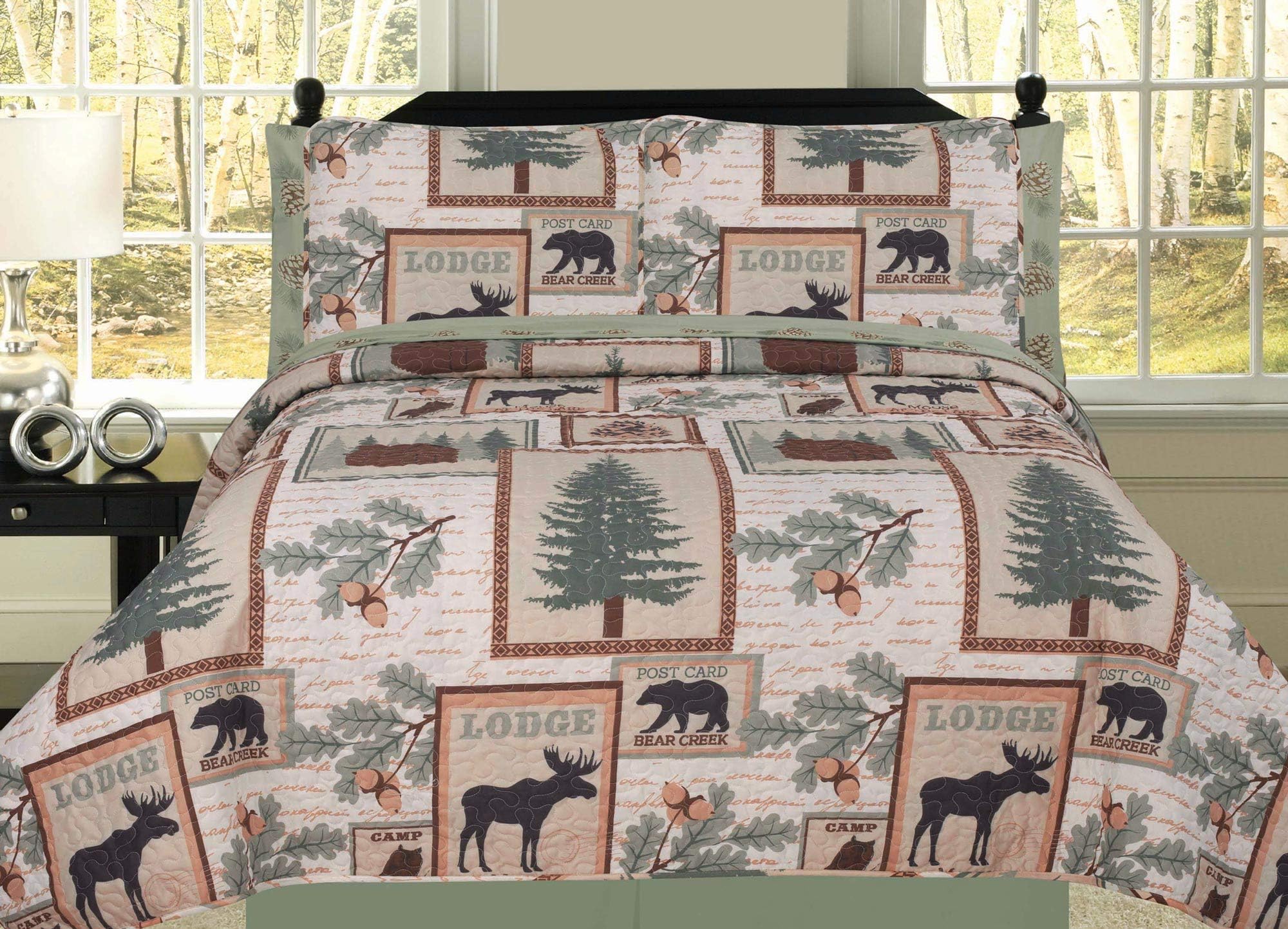 Elk Bear Rustic Mountain Lodge Cabin Twin Quilt 5 Piece Bedding and Embroidered Sheet Set