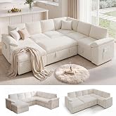 108 In L Shaped Modular Sectional Sofa Couch for Living Room, Beige | Pull Out Sleeper Bed, 7 Seat Modular Design, Hidden Storage Space, Soft Corduroy Fabric, Removable Covers, Easy Assembly