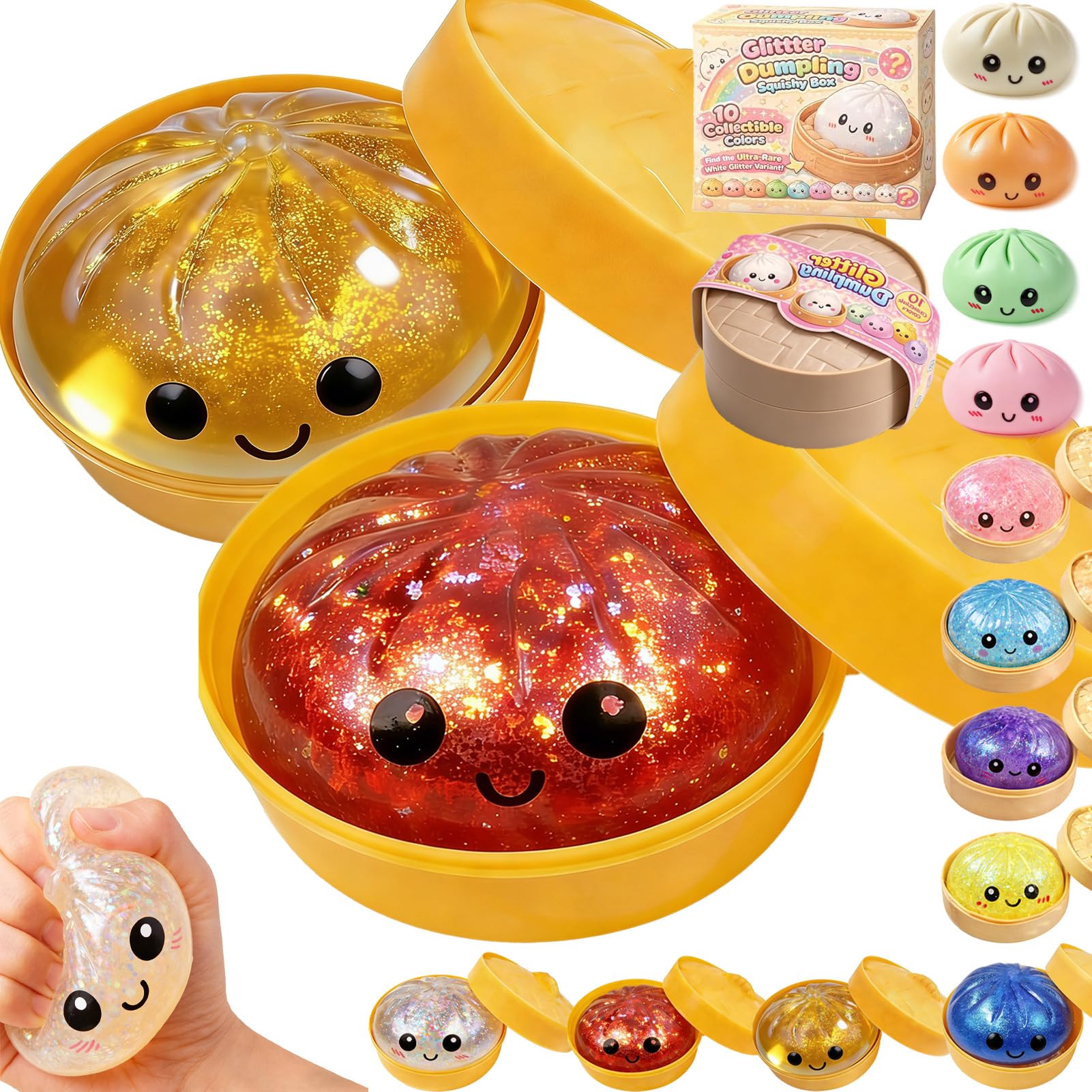 Glitter Dumpling,Dumpling Squishy Glitter,Glitter Dumplings Squishy,Anxiety Relief Fidget, Soft Squeeze Decompression Dough (Red C+Yellow C)