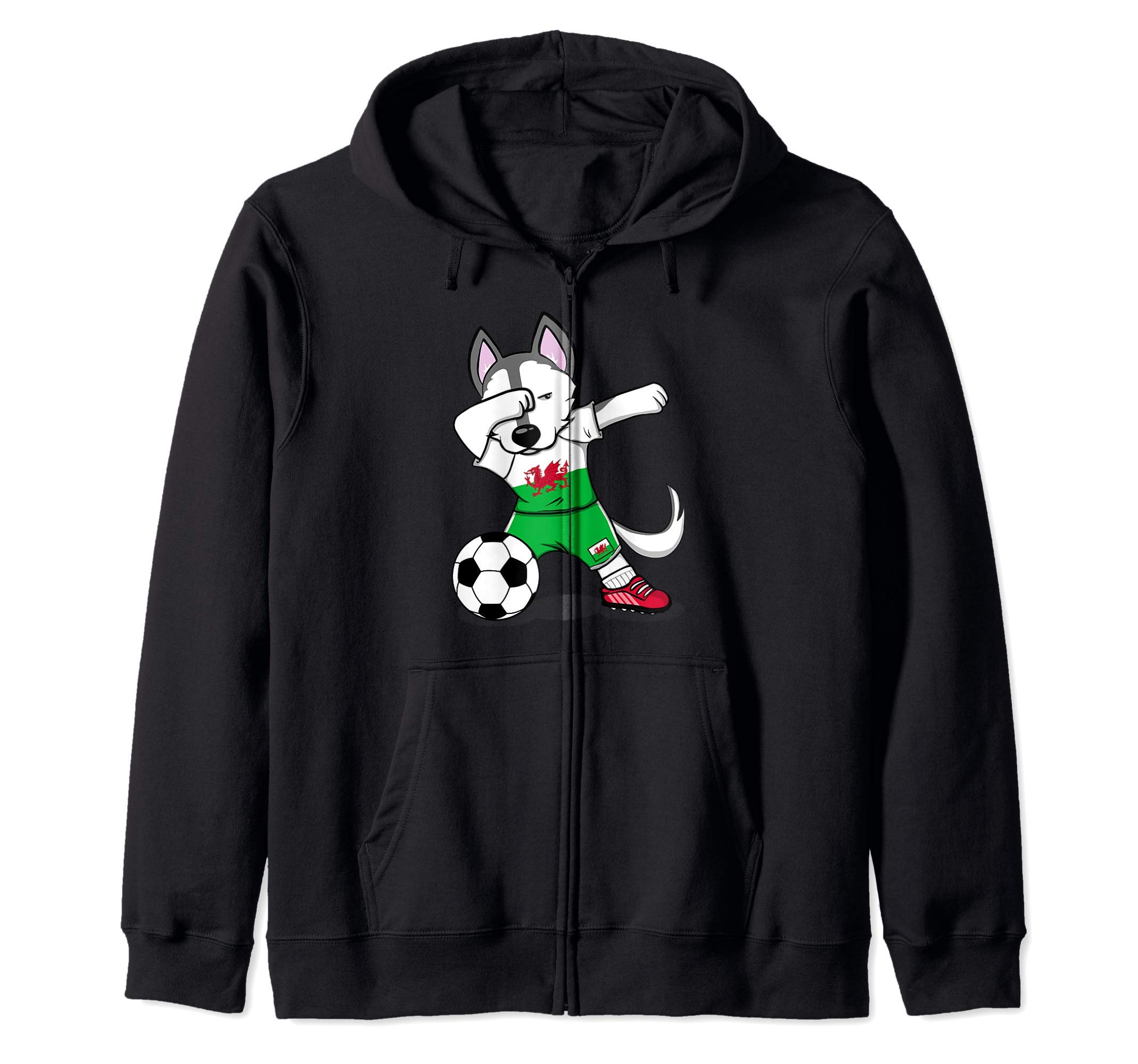 Funny Dabbing Husky Dog Wales Football - Welsh Flag Soccer Zip Hoodie
