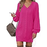 VAFOLY Women's Pullovers Jumper Sweaters Lantern Sleeve Casual V Neck Fall Knit Mini Sweater Dresses