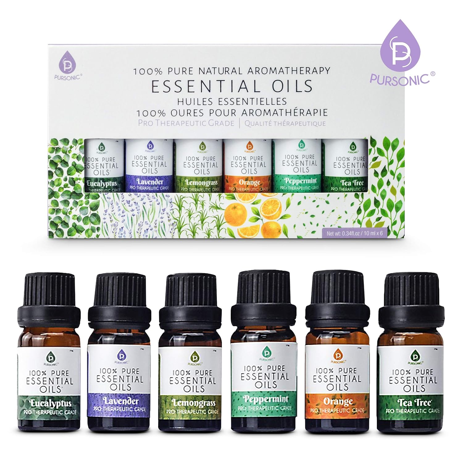 Pursonic 100% Pure Essential Aromatherapy Oils Gift Set-6 Pack , 10ML(Eucalyptus, Lavender, Lemon grass, Orange, Peppermint, Tea Tree): Home & Kitchen