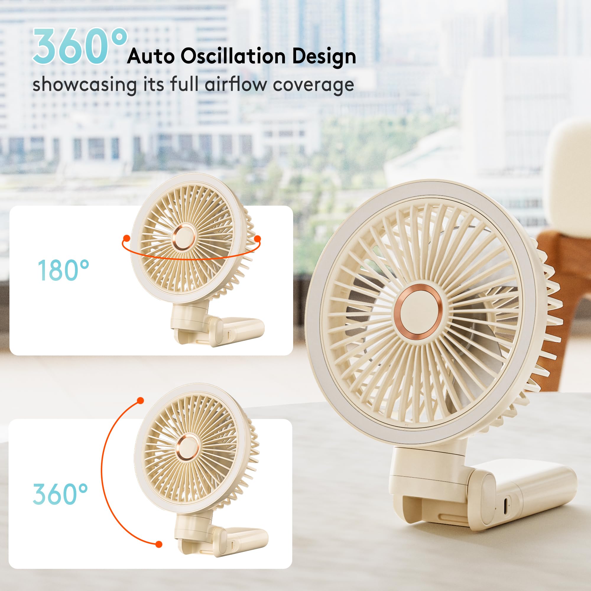 Personal Fan, 4-Speed Oscillating and 360°Rotating with LED Light, 4-in-1 Handheld/Desk/Clip-On/ Wall-Mounted Portable Fan, 5400mAh Rechargeable, Ideal for Travel/Camping/Stroller (11inch, Beige)