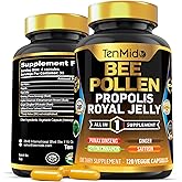 Tenmido Bee Pollen Capsules Supplement - 7in1 Formula - Combine with Propolis, Royal Jelly, Panax Ginseng, Ceylon Cinnamon, Ginger, and Saffron - Digestive Health, Immune Support - 120 Capsules