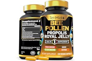 Tenmido Bee Pollen Capsules Supplement - 7in1 Formula - Combine with Propolis, Royal Jelly, Panax Ginseng, Ceylon Cinnamon, Ginger, and Saffron - Digestive Health, Immune Support - 120 Capsules
