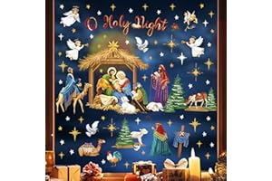 decalmile Christmas Nativity Scene Art Religious Double Sided Window Clings Reusable Jesus Birth Angel Pine Tree Anti-Collision Glass Doors Window Stickers Decals Party Holiday Celebration Decoration