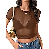 LYANER Women's Mesh Sheer Tops Short Sleeve Slim Fit Sexy Crop Top Summer See Through Shirts