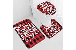 Claswcalor Christmas Bathroom Rugs Sets 3 Piece with Non-Slip Rug, Toilet Lid Cover and Bath Mat, Red Black Plaid Bathroom Rugs and Mats Sets, Xmas Reindeer Bath Rugs for Bathroom Decoration