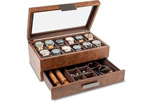 Glenor Co Watch Box with Valet Drawer for Men - 12 Slot Luxury Case Display Watch Organizer, Metal Buckle for Mens Jewelry Watches, Men's Storage Boxes Holder has Large Glass Top - PU Leather Brown