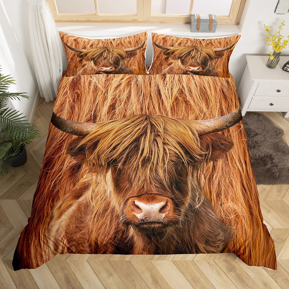 Kids Highland Cattle Bedding Set Highland Cow Duvet Cover Set for Kids Boys Girls Animal Comforter Cover Farmhouse Quilt Cover Single Size