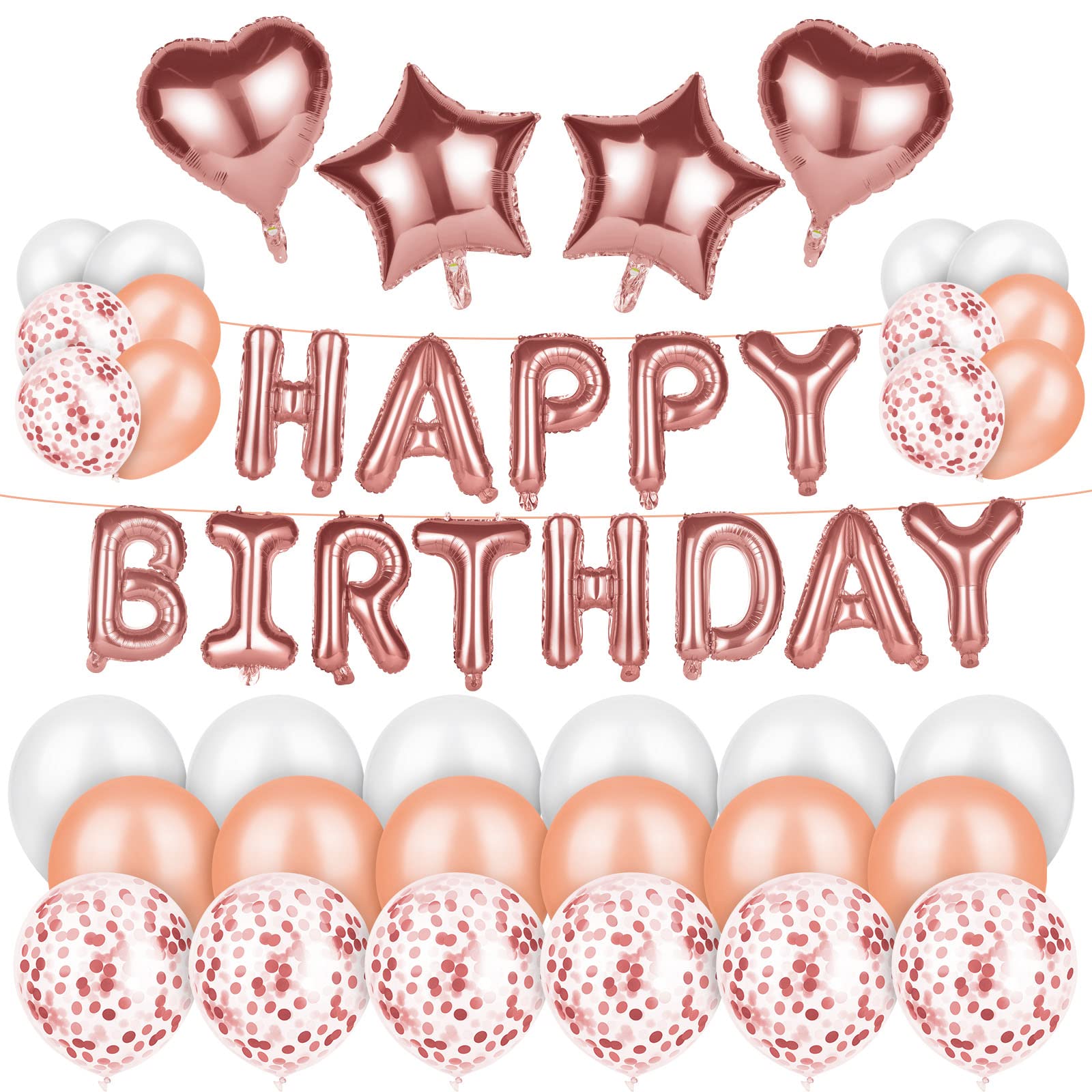 Vicloon Happy Birthday Balloons, 49Pcs Birthday Party Decorations Kits with Happy Balloons Self Inflating Include Latex Confetti Ribbon for Parties Wedding Rose Gold