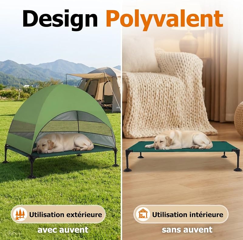 Panier pour Chien Surélevé avec Toit, Pliable avec Pieds Antidérapants, Tente d'extérieur avec Grande Ombre, Lit Rafraîchissant pour Chien, pour Camping, Jardin, Plage et Piscine (Vert, L)