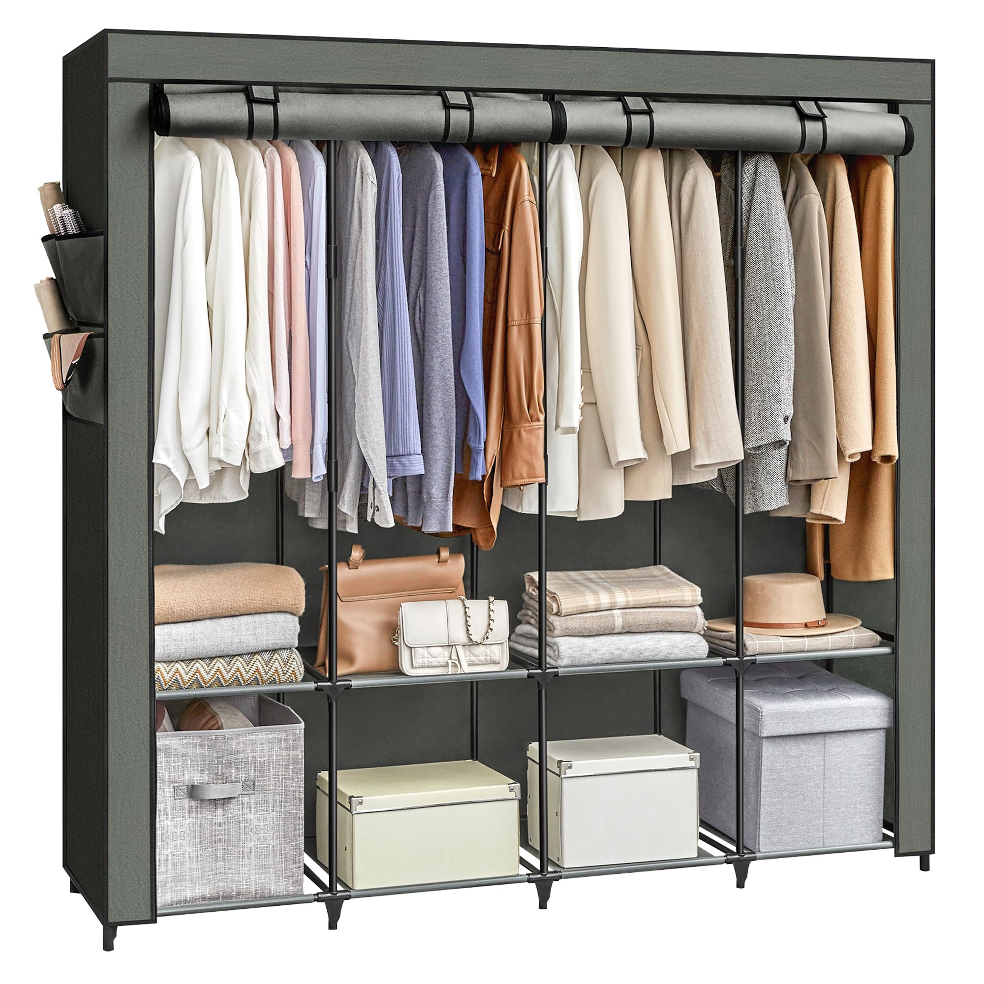 SONGMICS Portable Closet, Wardrobe Closet Organizer with Cover, 4 Hanging Rods and Shelves, 4 Side Pockets, 66.9 x 17.7 x 65.7 Inches, Large Capacity for Bedroom, Living Room, Sage Green URYG094C02