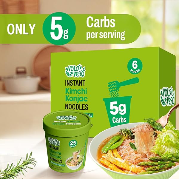 VOLO VERO KONJAC NOODLE SOUP CUP SPICY KIMCHI FLAVOR, 6 PACKS, GLUTEN FREE, KETO, LOW CALORIE, LOW FAT, LOW CARB INSTANT SHIRATAKI NOODLES ANGEL HAIR PASTA, READY TO EAT, HEALTHY DIET FOOD HOLIDAY GIFTS